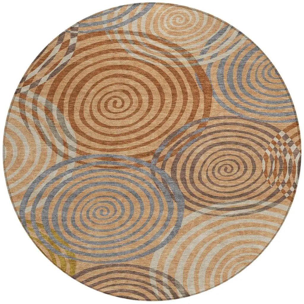 8' Copper And Orange Round Geometric Washable Indoor Outdoor Area Rug Homeroots Outdoor