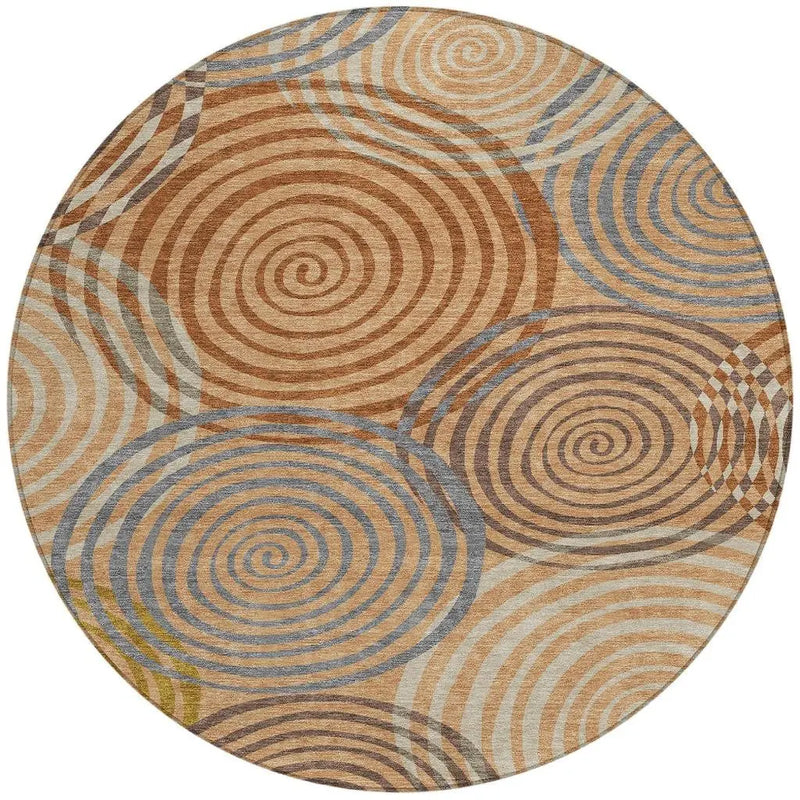 8' Copper And Orange Round Geometric Washable Indoor Outdoor Area Rug Homeroots Outdoor