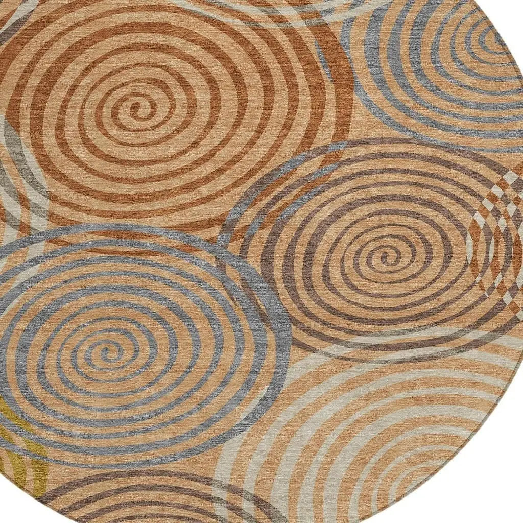 8' Copper And Orange Round Geometric Washable Indoor Outdoor Area Rug Homeroots Outdoor