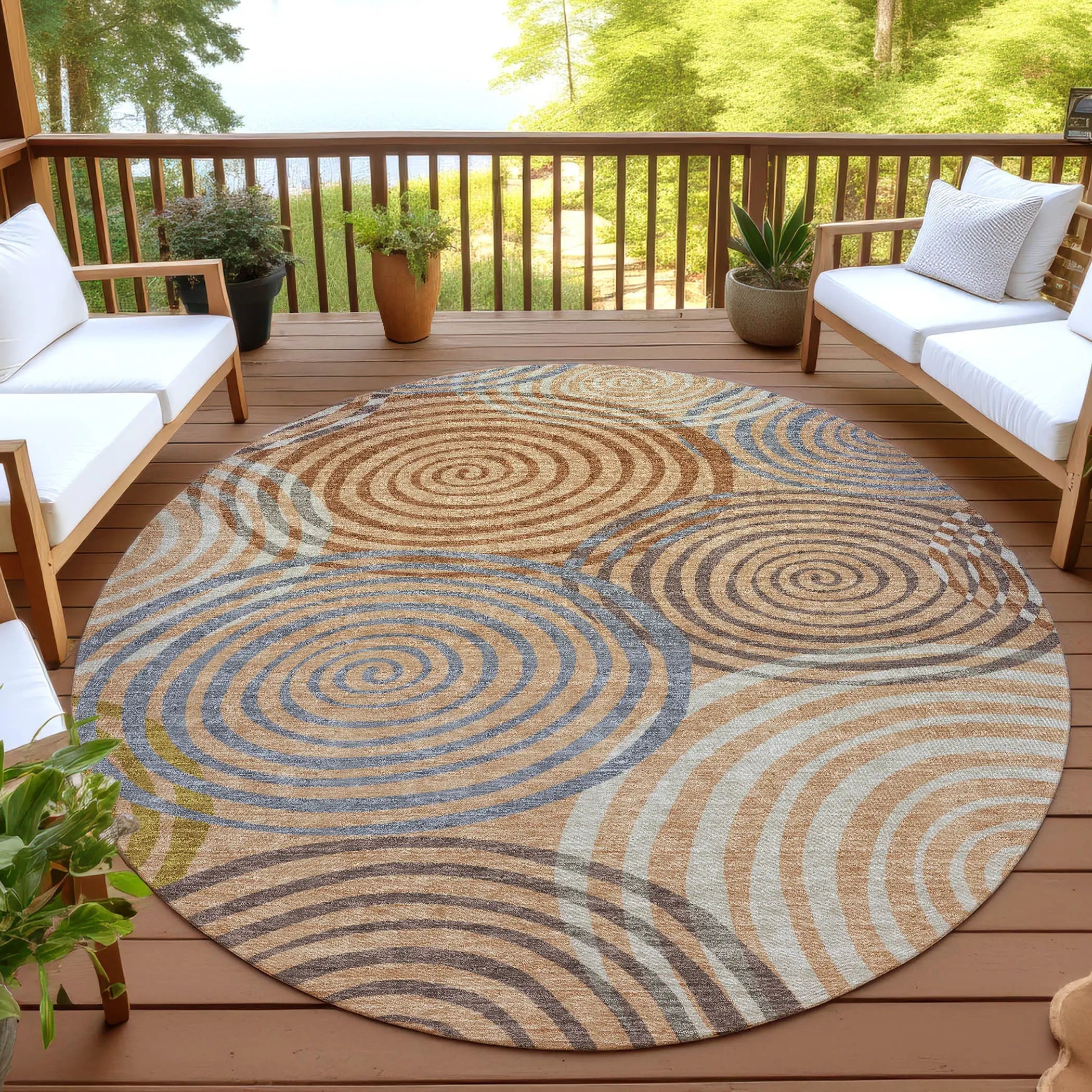 8' Copper And Orange Round Geometric Washable Indoor Outdoor Area Rug Homeroots Outdoor