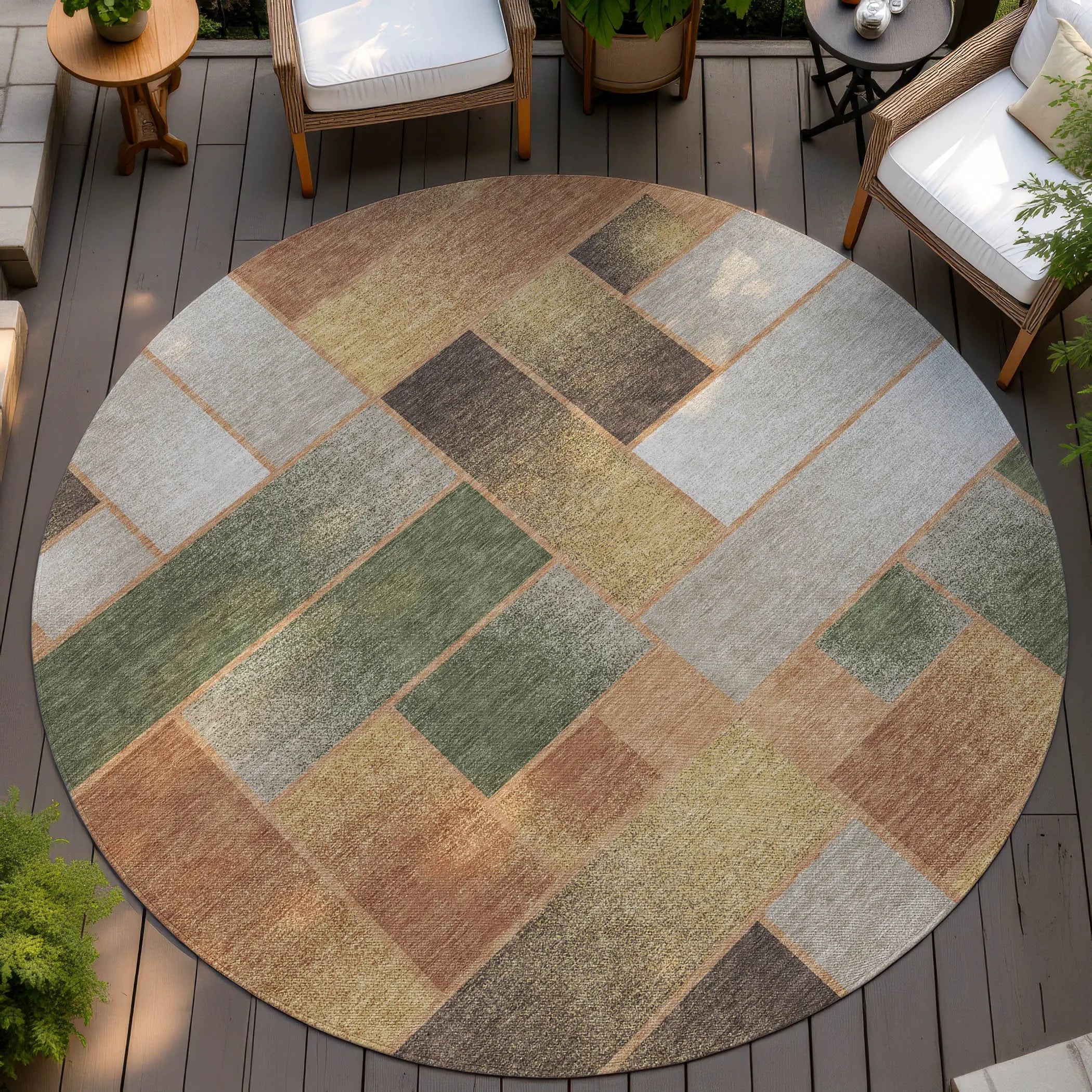 8' Copper And Orange Round Geometric Washable Indoor Outdoor Area Rug Homeroots Outdoor