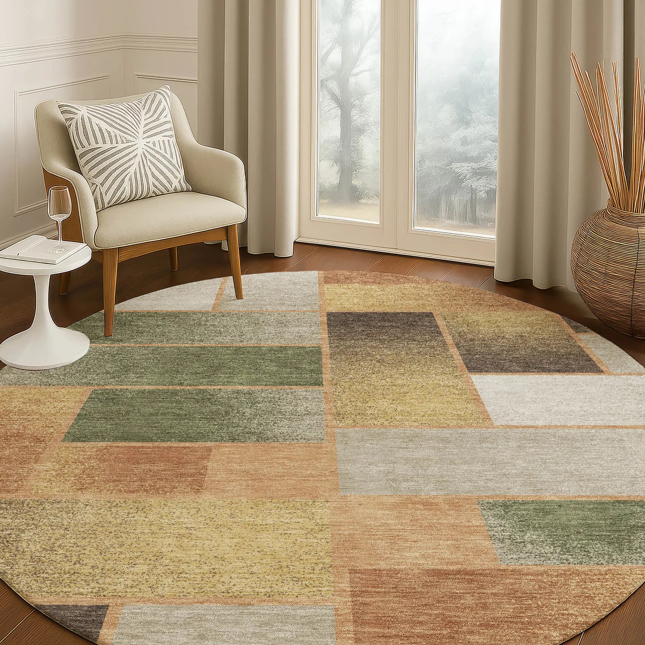 8' Copper And Orange Round Geometric Washable Indoor Outdoor Area Rug Homeroots Outdoor