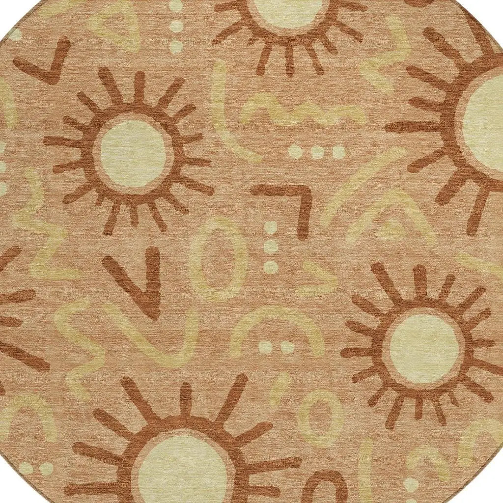 8' Copper And Orange Round Geometric Washable Indoor Outdoor Area Rug Homeroots Outdoor