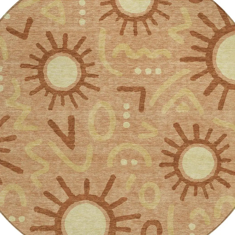 8' Copper And Orange Round Geometric Washable Indoor Outdoor Area Rug Homeroots Outdoor