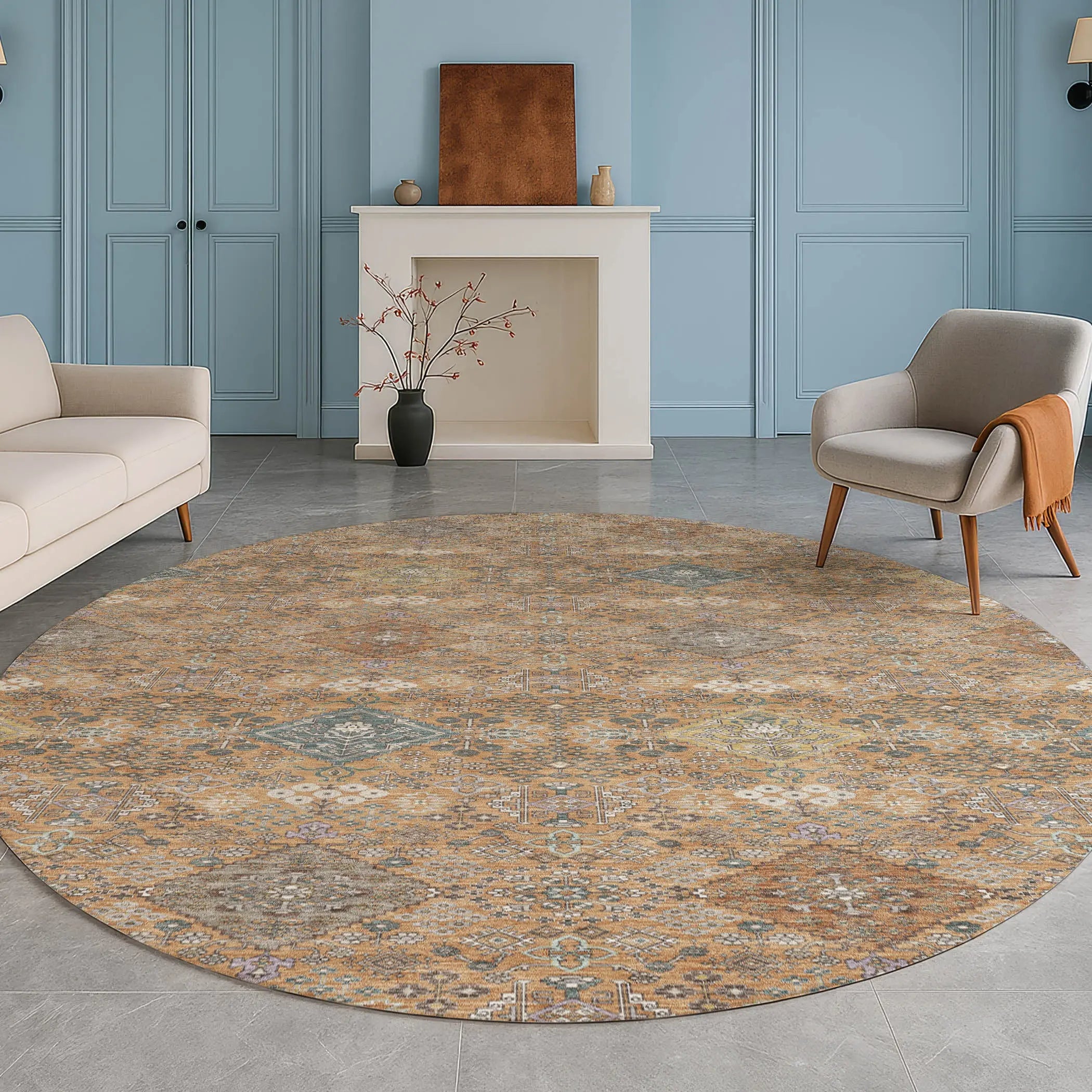 8' Copper And Orange Round Oriental Washable Indoor Outdoor Area Rug Homeroots Outdoor