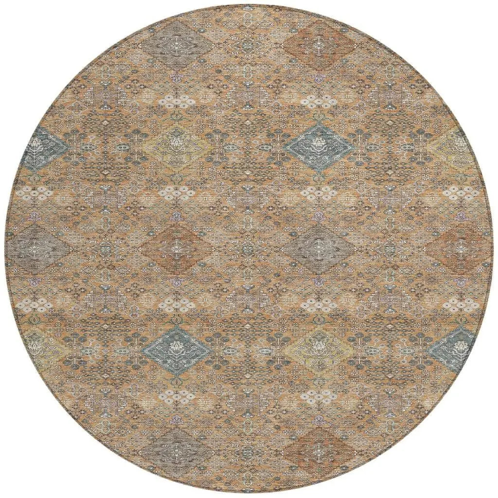 8' Copper And Orange Round Oriental Washable Indoor Outdoor Area Rug Homeroots Outdoor