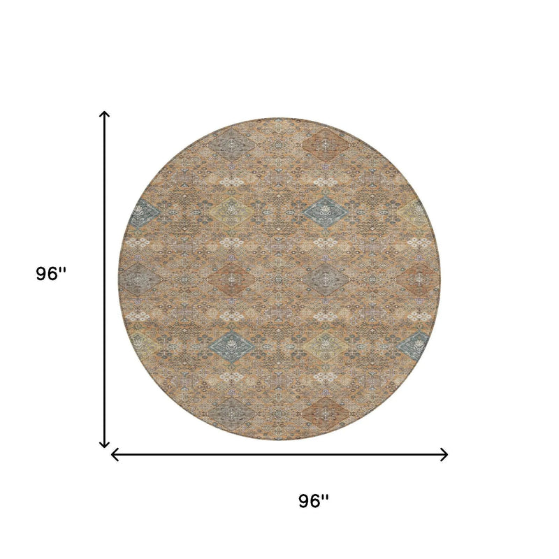 8' Copper And Orange Round Oriental Washable Indoor Outdoor Area Rug Homeroots Outdoor