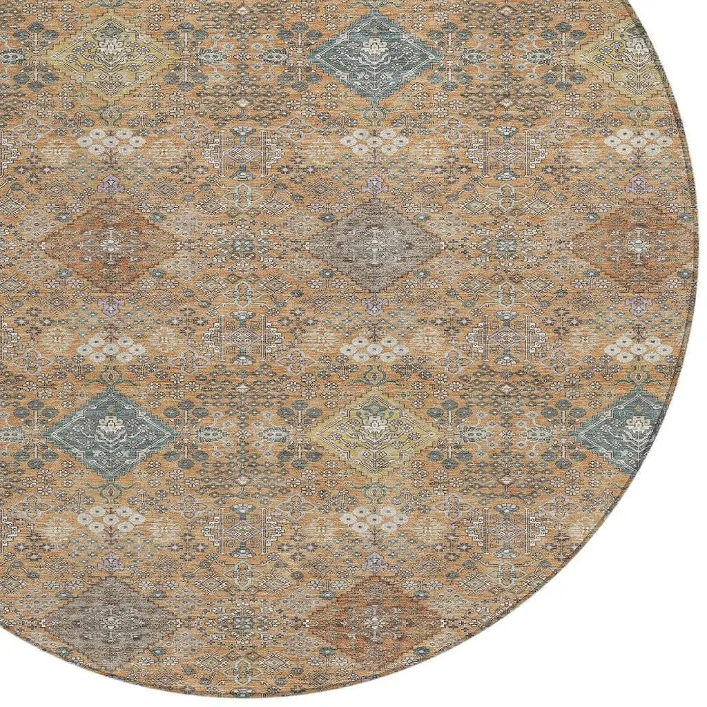 8' Copper And Orange Round Oriental Washable Indoor Outdoor Area Rug Homeroots Outdoor