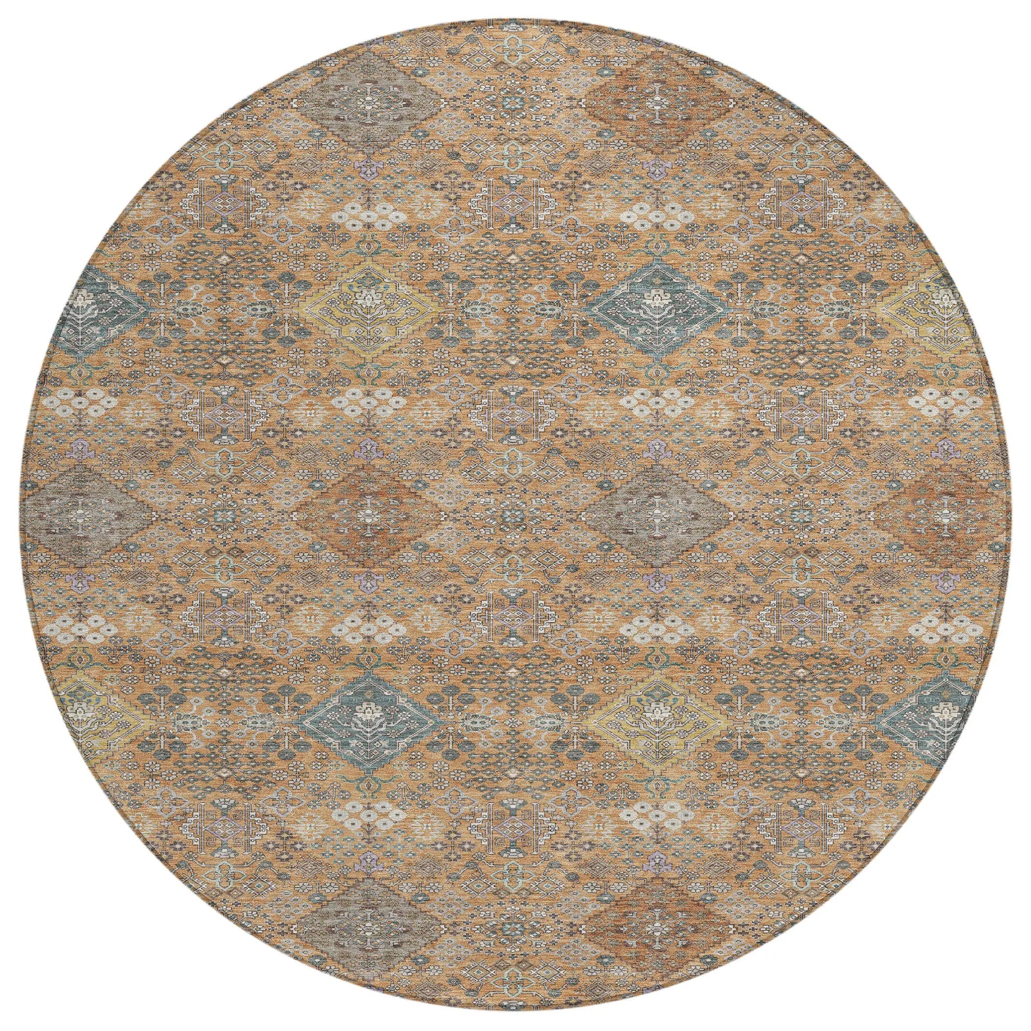 8' Copper And Orange Round Oriental Washable Indoor Outdoor Area Rug Homeroots Outdoor