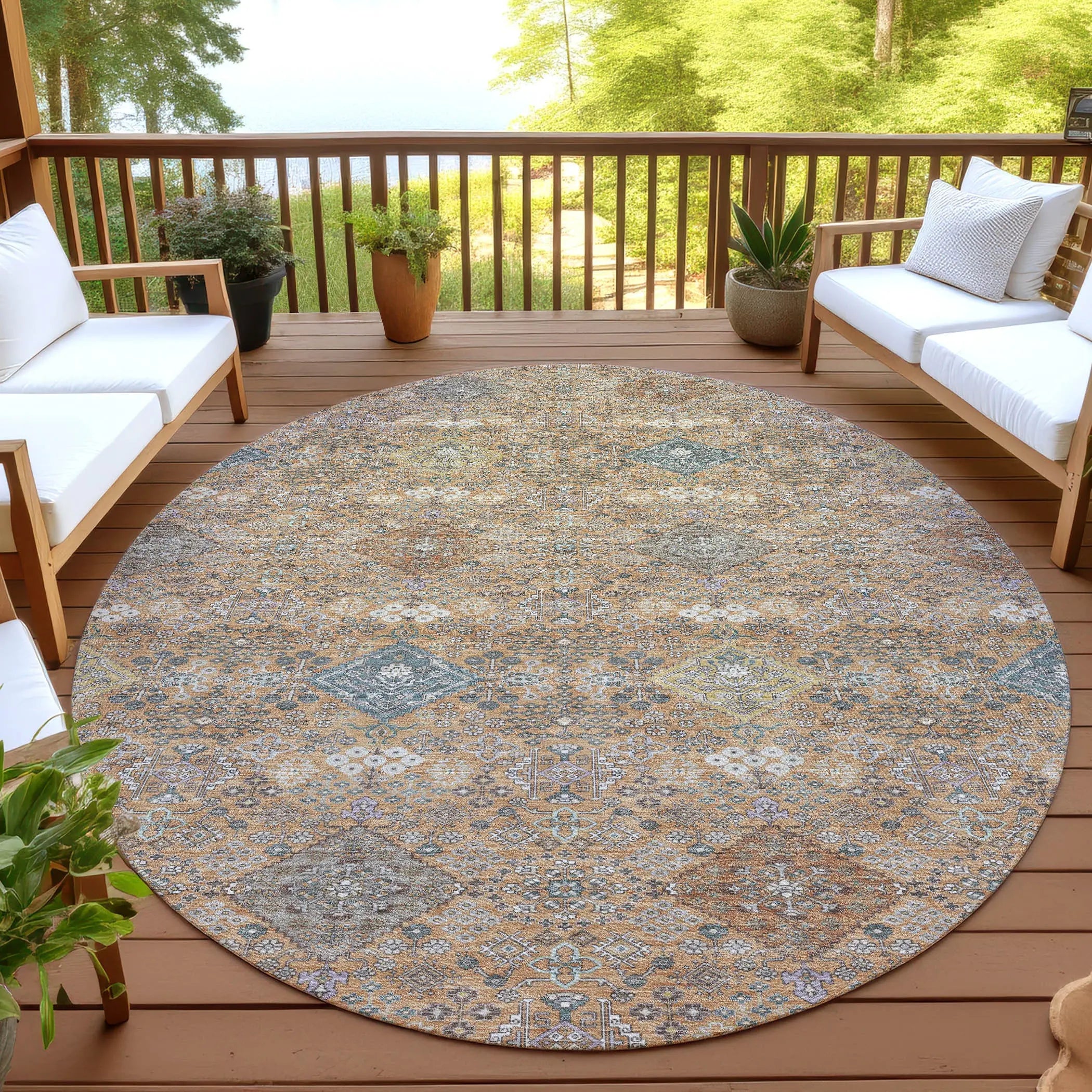 8' Copper And Orange Round Oriental Washable Indoor Outdoor Area Rug Homeroots Outdoor