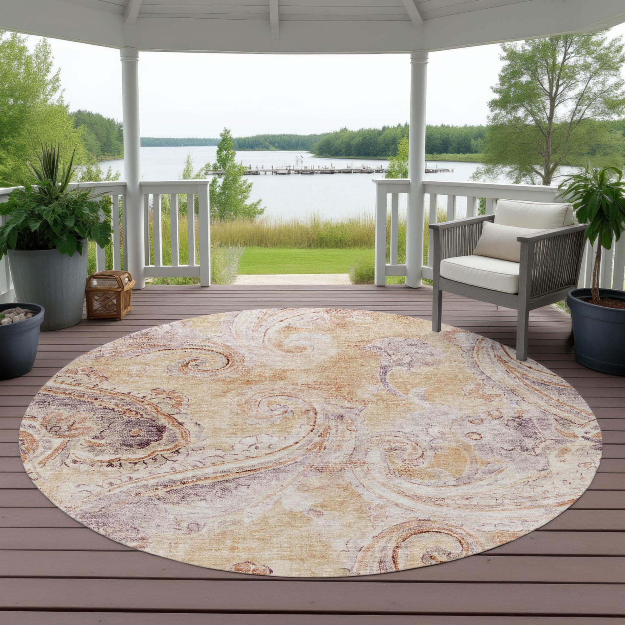 8' Copper And Orange Round Paisley Washable Indoor Outdoor Area Rug Homeroots Outdoor