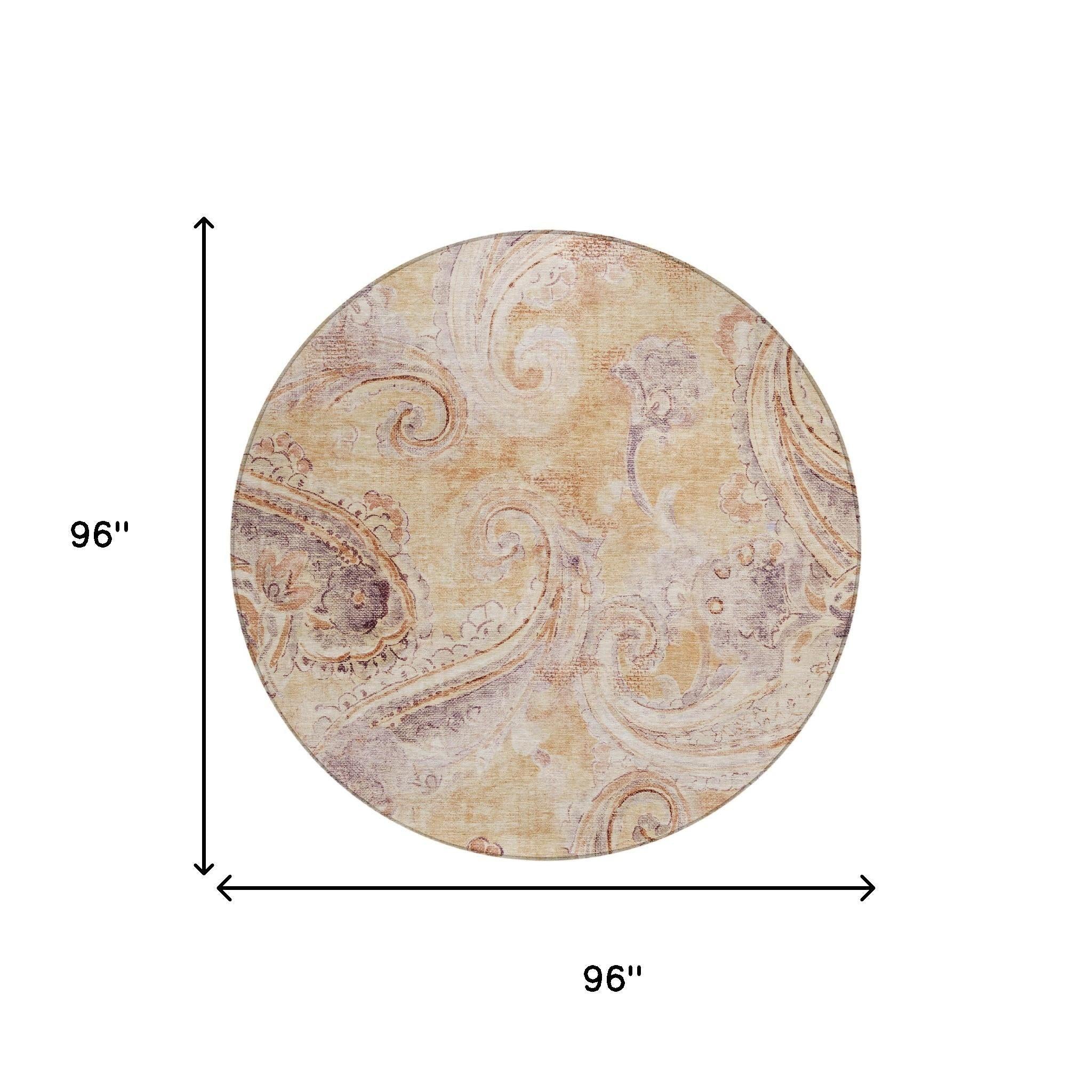 8' Copper And Orange Round Paisley Washable Indoor Outdoor Area Rug Homeroots Outdoor