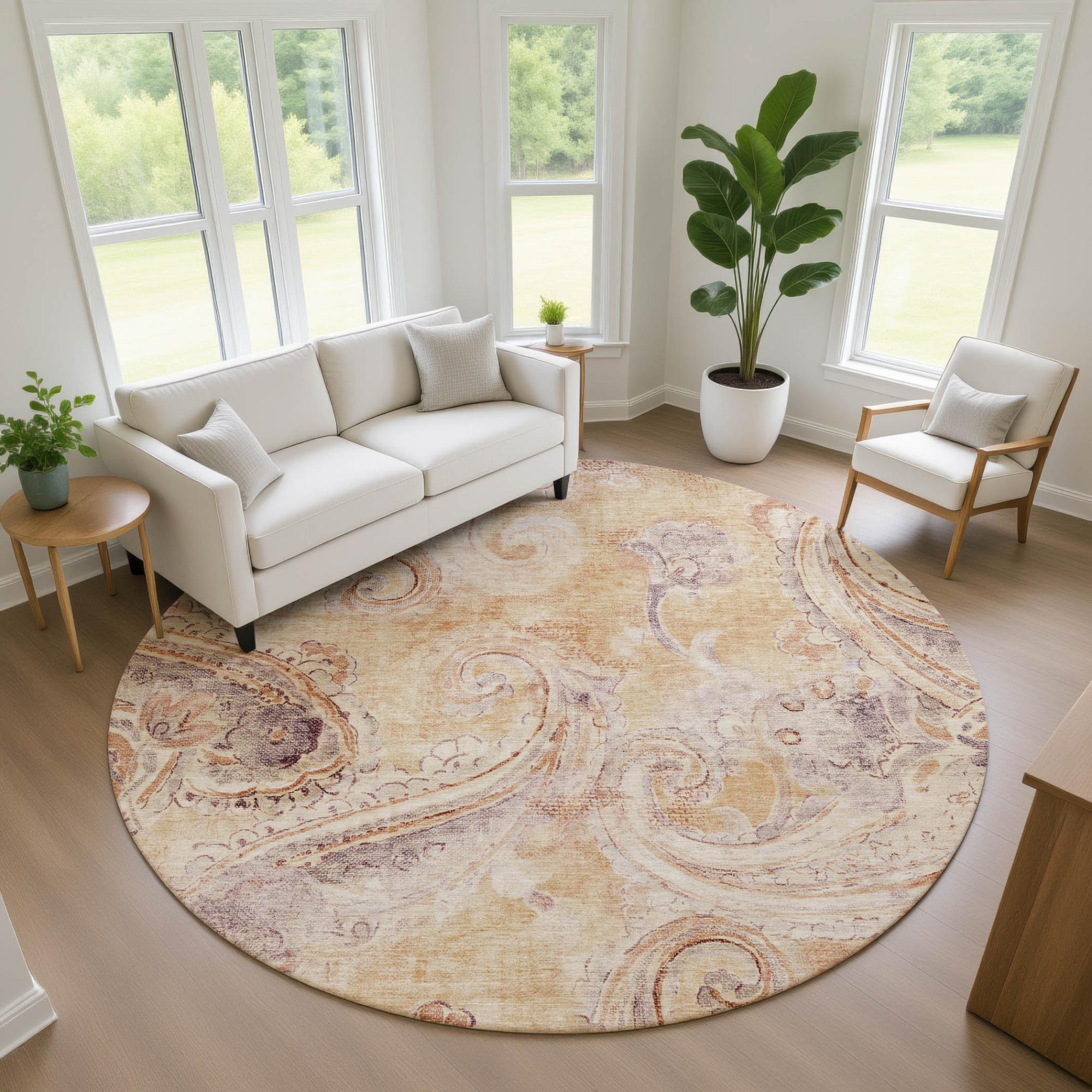 8' Copper And Orange Round Paisley Washable Indoor Outdoor Area Rug Homeroots Outdoor