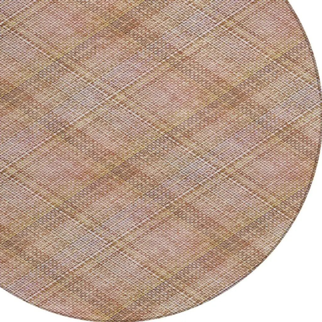 8' Copper And Orange Round Plaid Washable Indoor Outdoor Area Rug Homeroots Outdoor