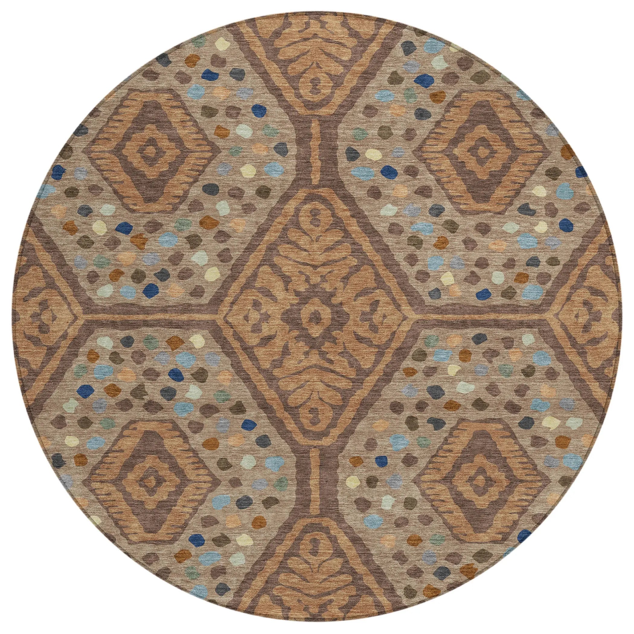 8' Copper And Orange Round Tribal Washable Indoor Outdoor Area Rug Homeroots Outdoor