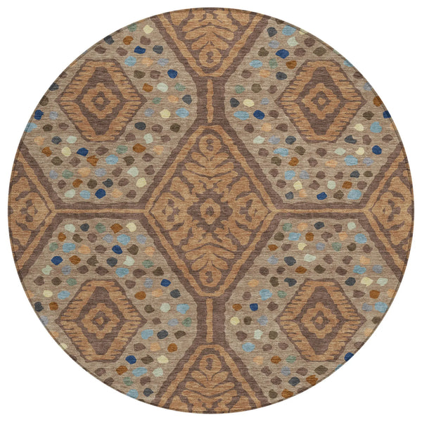 8' Copper And Orange Round Tribal Washable Indoor Outdoor Area Rug Homeroots Outdoor