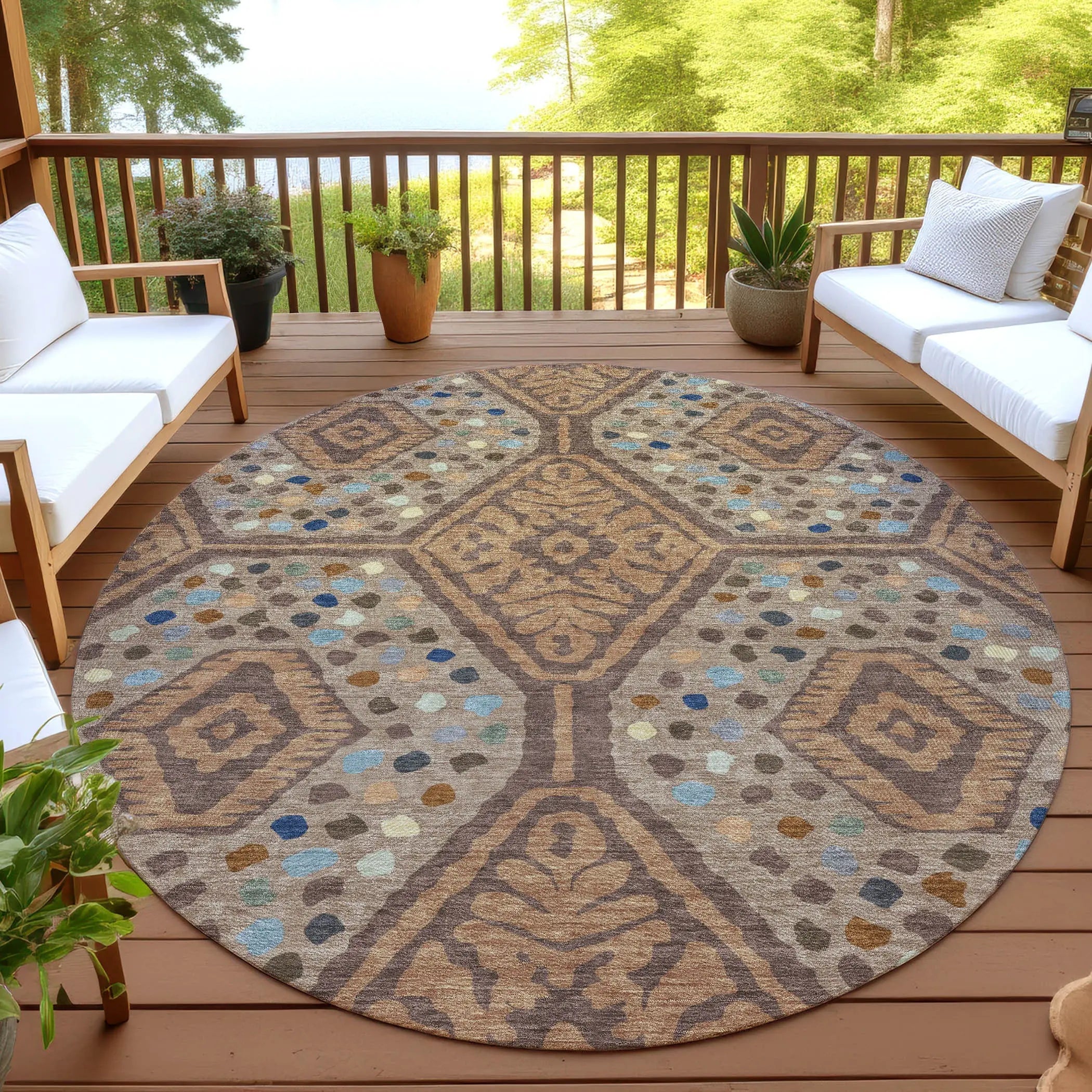 8' Copper And Orange Round Tribal Washable Indoor Outdoor Area Rug Homeroots Outdoor