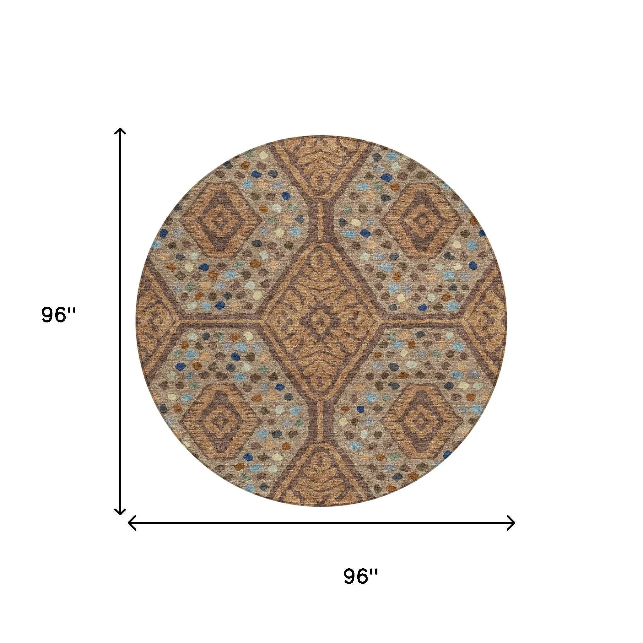 8' Copper And Orange Round Tribal Washable Indoor Outdoor Area Rug Homeroots Outdoor