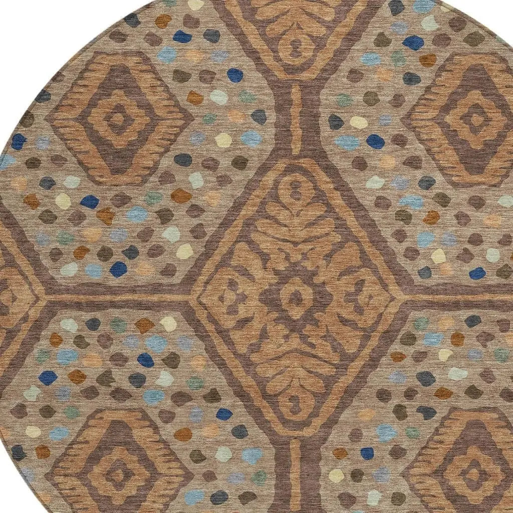 8' Copper And Orange Round Tribal Washable Indoor Outdoor Area Rug Homeroots Outdoor