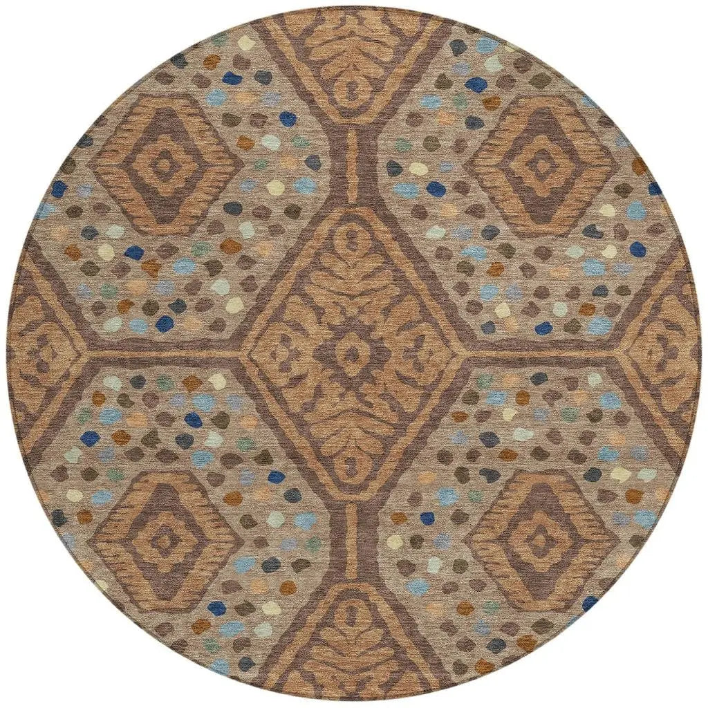 8' Copper And Orange Round Tribal Washable Indoor Outdoor Area Rug Homeroots Outdoor