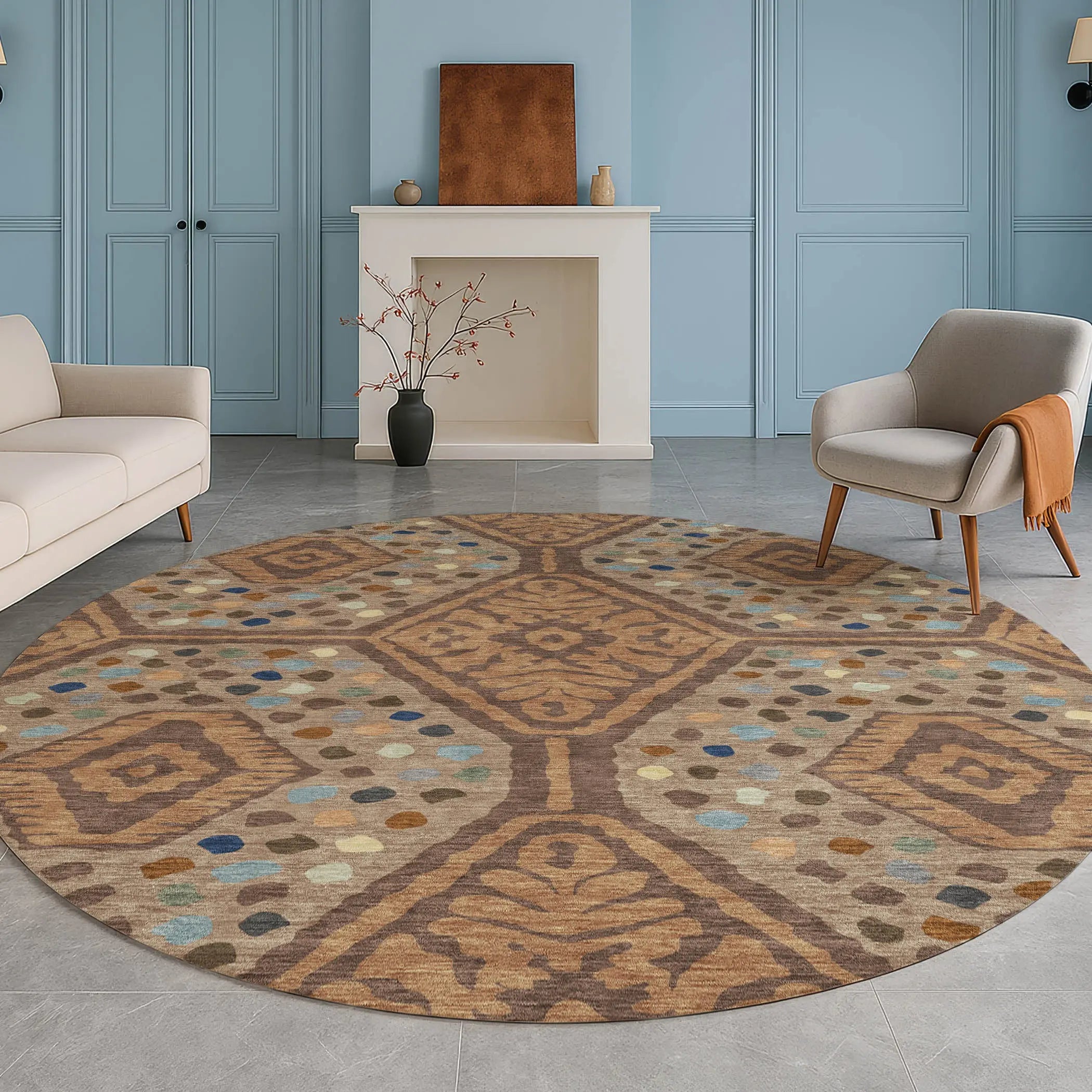 8' Copper And Orange Round Tribal Washable Indoor Outdoor Area Rug Homeroots Outdoor
