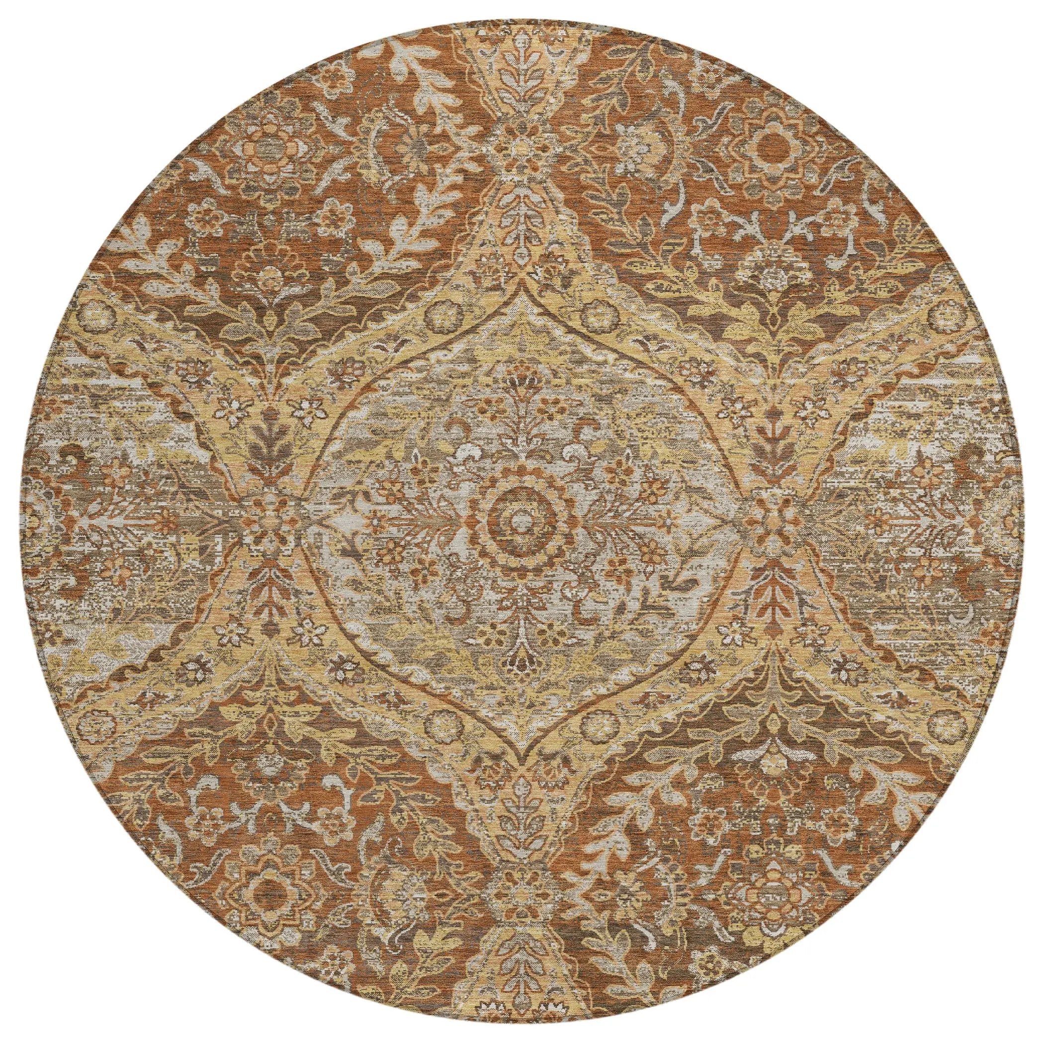 8' Copper And Pink Round Ogee Washable Indoor Outdoor Area Rug Homeroots Outdoor