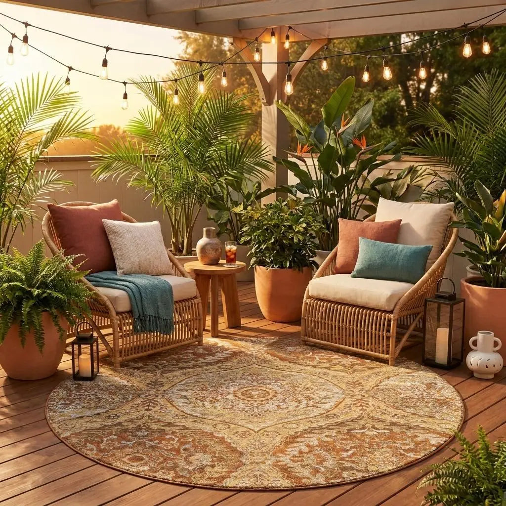 8' Copper And Pink Round Ogee Washable Indoor Outdoor Area Rug Homeroots Outdoor