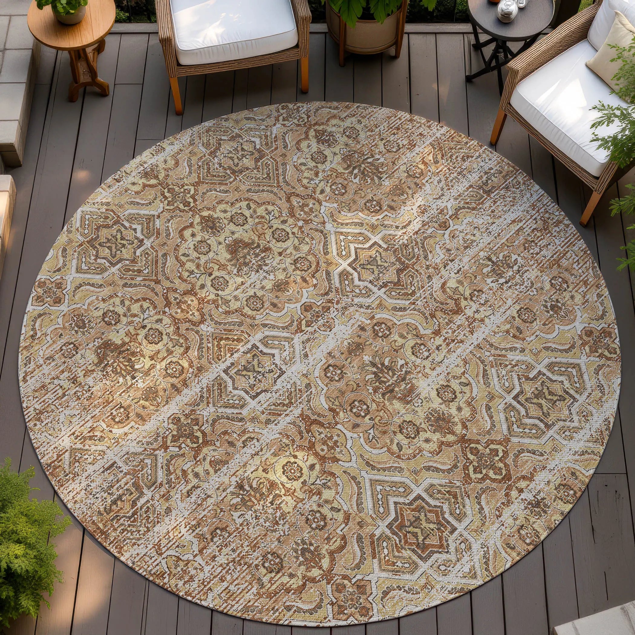 8' Copper And Purple Round Floral Washable Indoor Outdoor Area Rug Homeroots Outdoor