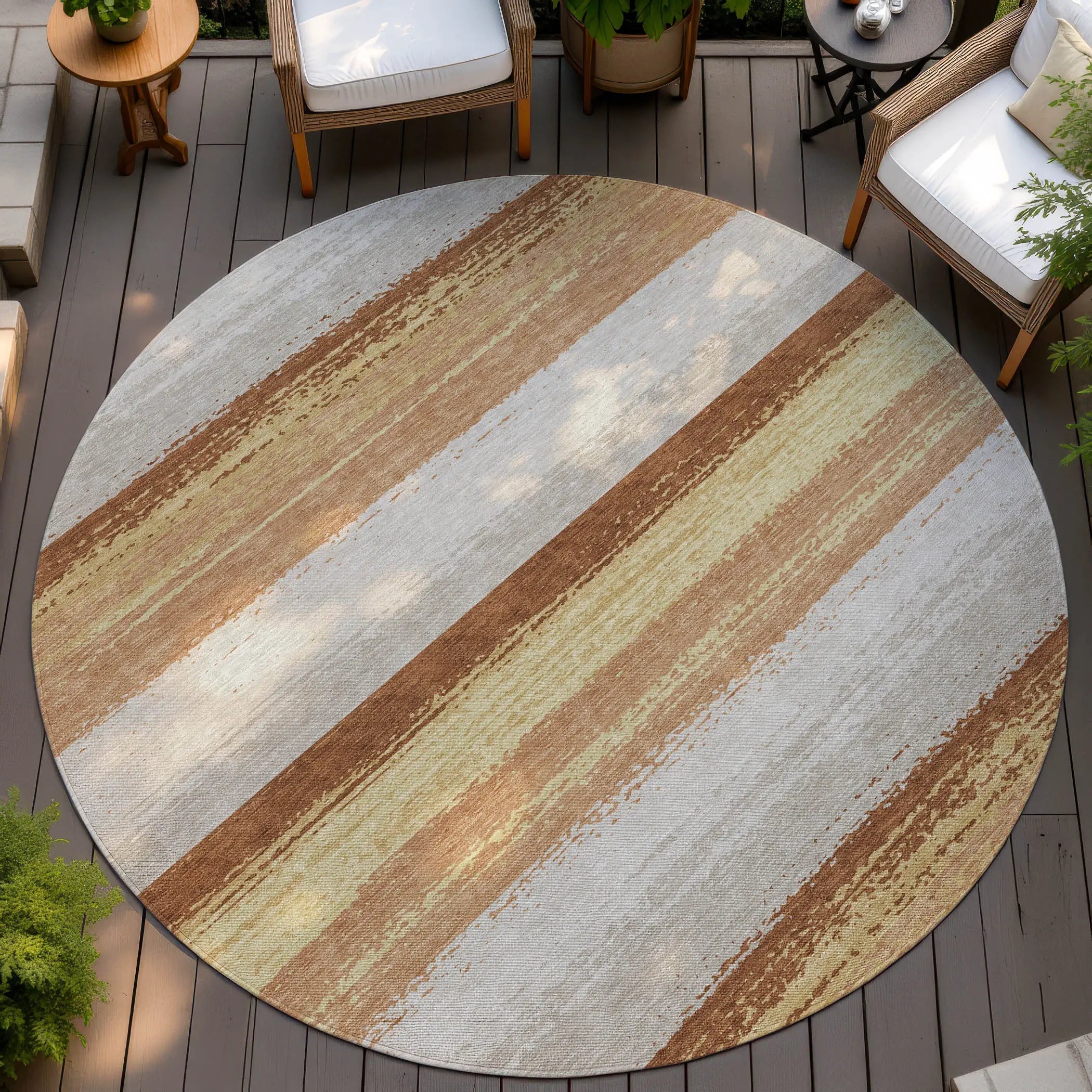 8' Copper And Purple Round Striped Washable Indoor Outdoor Area Rug Homeroots Outdoor