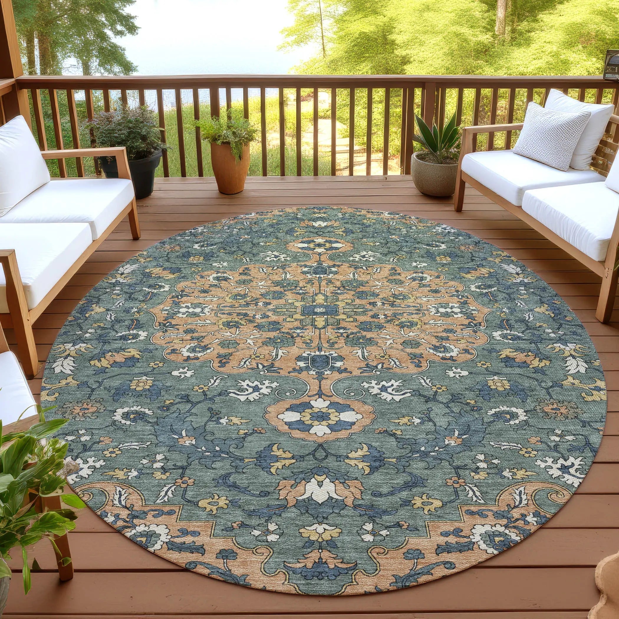 8' Copper And Sage Round Floral Medallion Washable Indoor Outdoor Area Rug Homeroots Outdoor