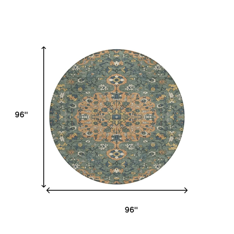 8' Copper And Sage Round Floral Medallion Washable Indoor Outdoor Area Rug Homeroots Outdoor