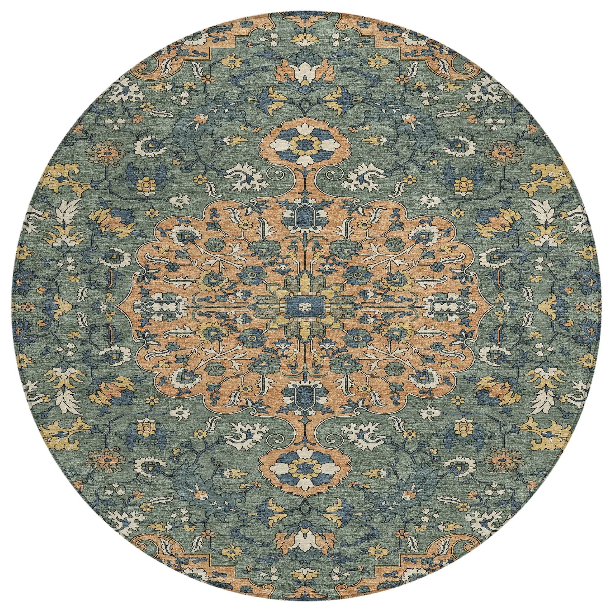 8' Copper And Sage Round Floral Medallion Washable Indoor Outdoor Area Rug Homeroots Outdoor