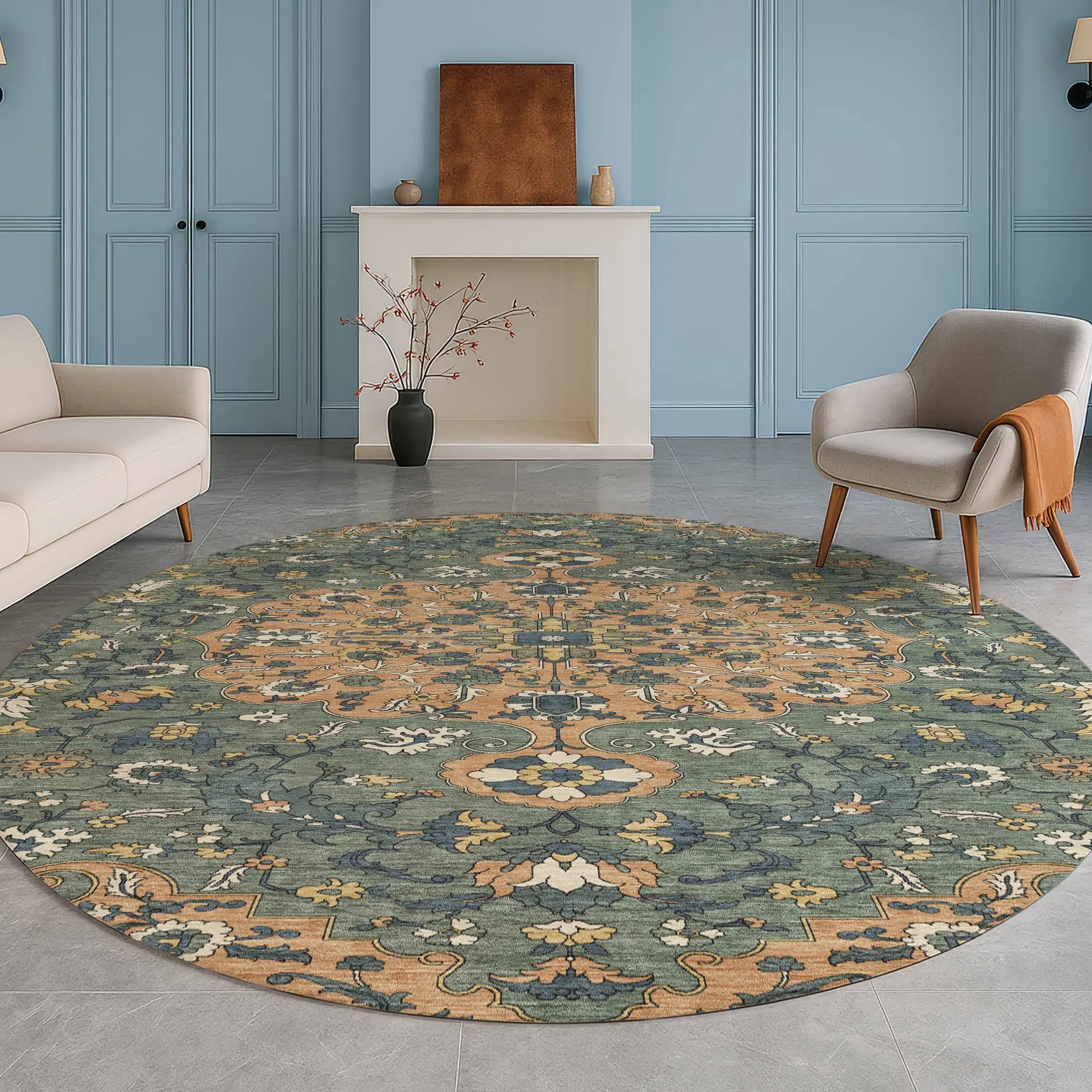 8' Copper And Sage Round Floral Medallion Washable Indoor Outdoor Area Rug Homeroots Outdoor