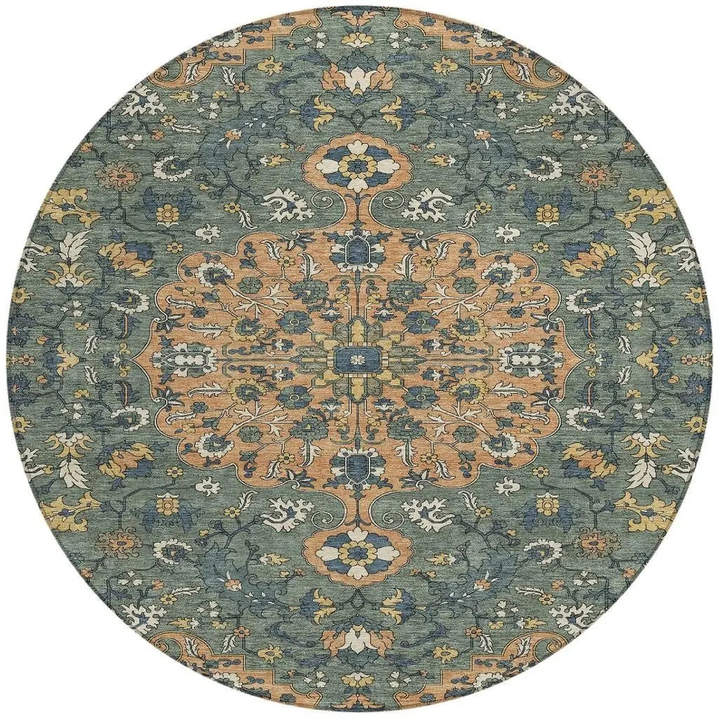 8' Copper And Sage Round Floral Medallion Washable Indoor Outdoor Area Rug Homeroots Outdoor