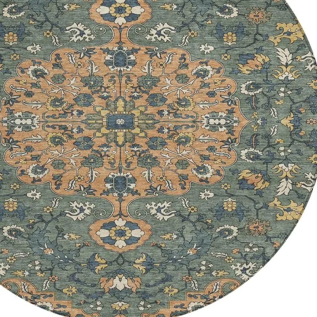 8' Copper And Sage Round Floral Medallion Washable Indoor Outdoor Area Rug Homeroots Outdoor