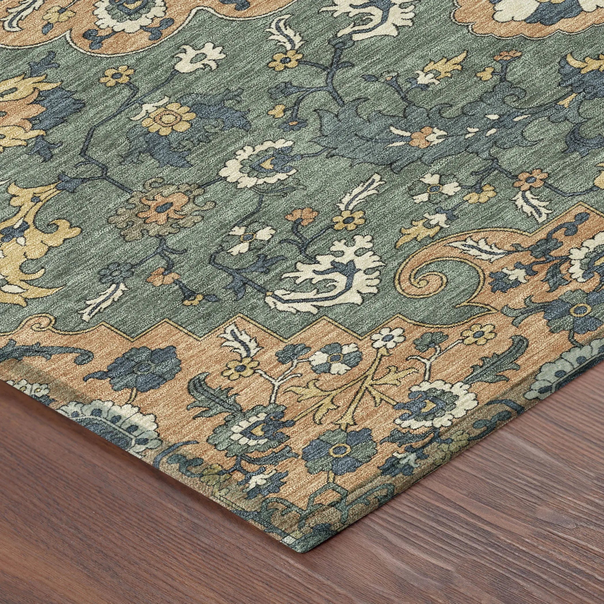 8' Copper And Sage Round Floral Medallion Washable Indoor Outdoor Area Rug Homeroots Outdoor