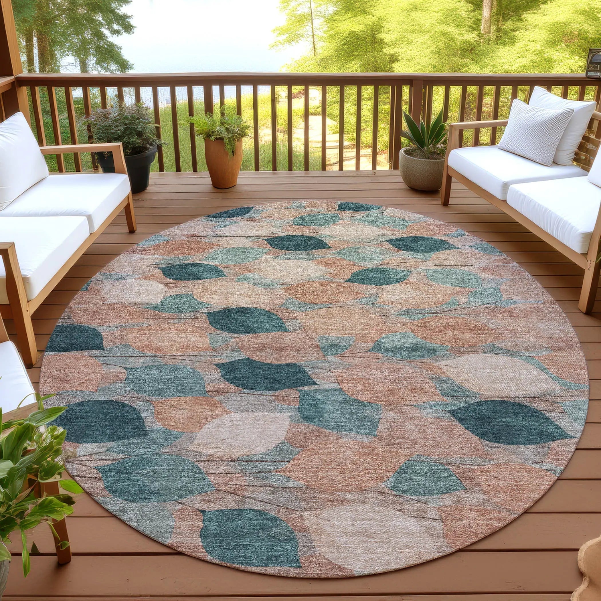 8' Copper And Salmon Round Floral Washable Indoor Outdoor Area Rug Homeroots Outdoor