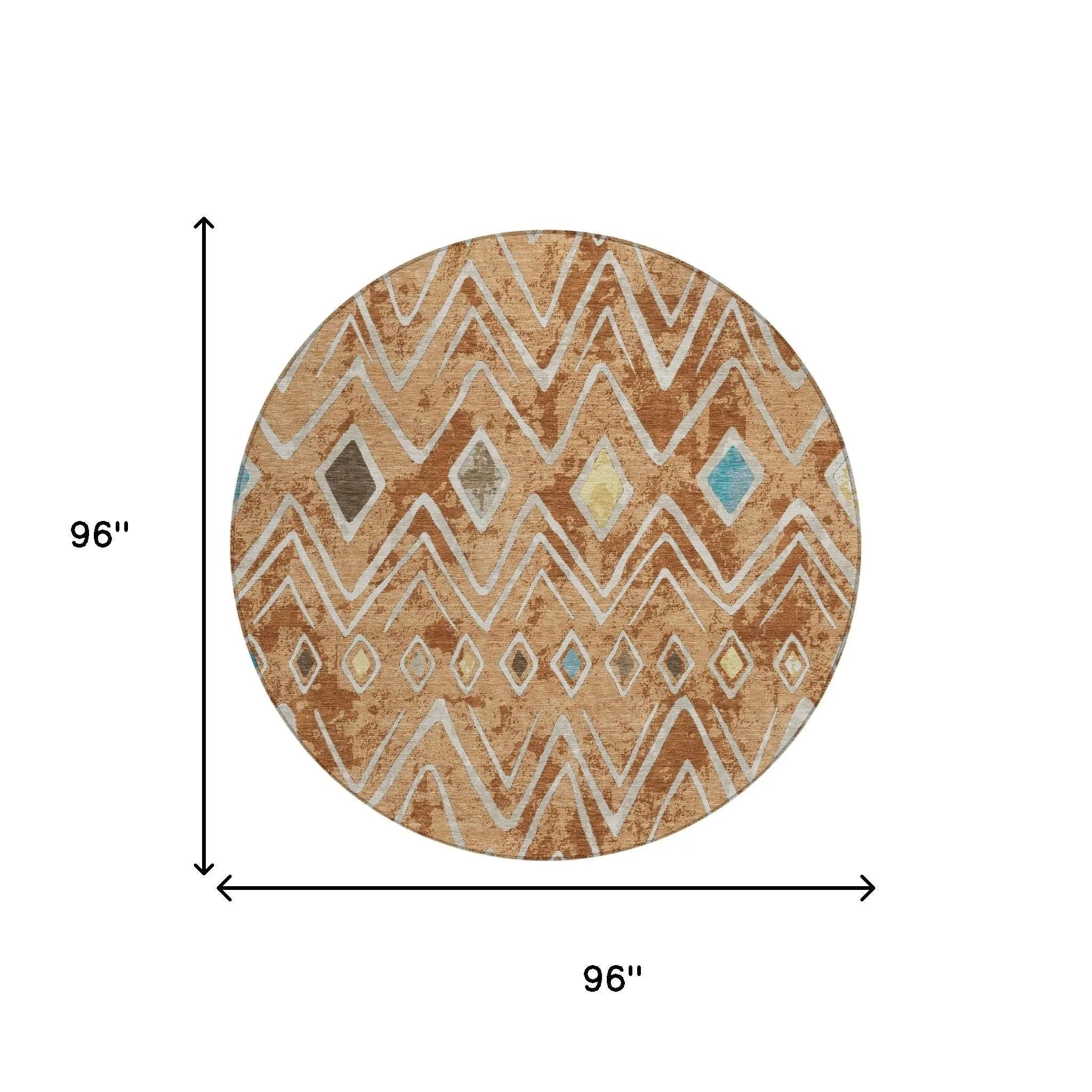 8' Copper And Taupe Round Geometric Washable Indoor Outdoor Area Rug Homeroots Outdoor