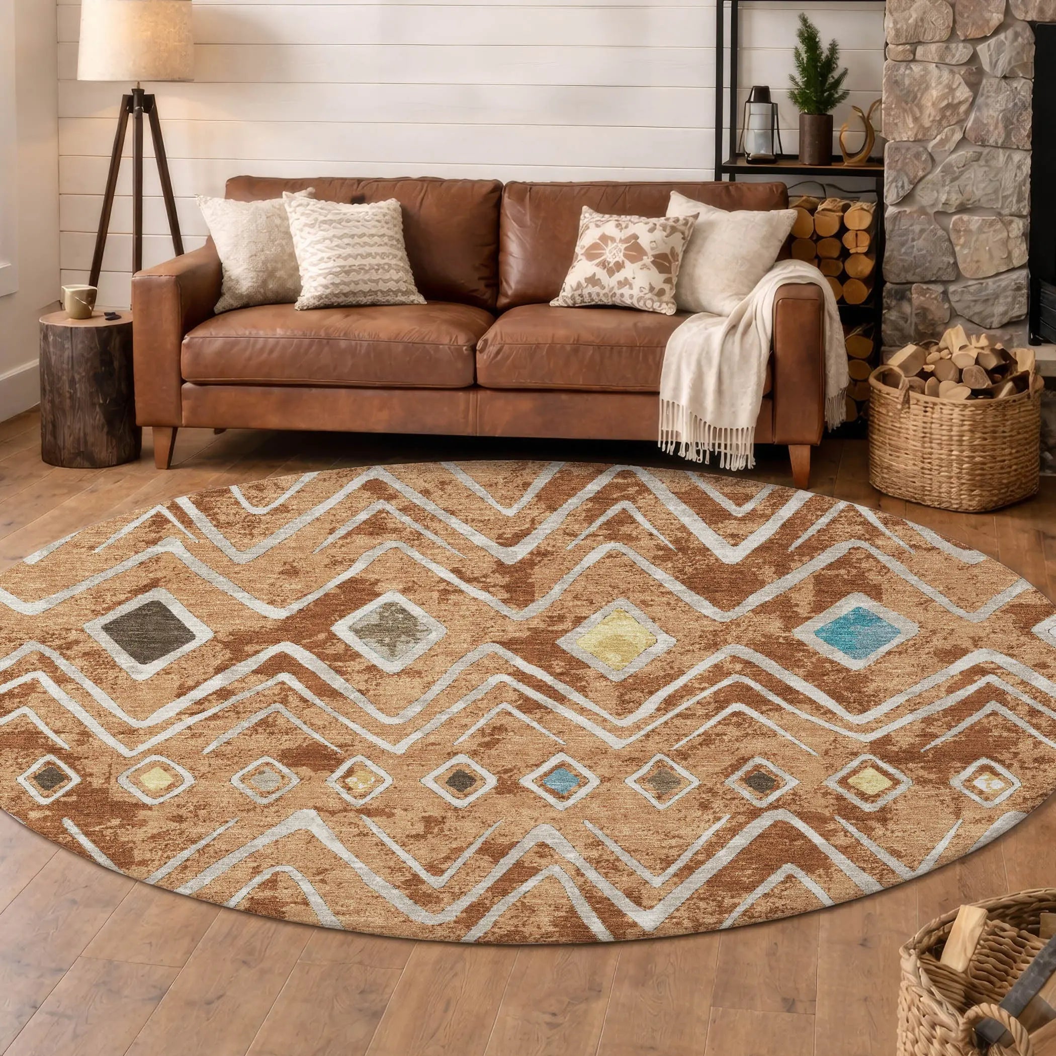8' Copper And Taupe Round Geometric Washable Indoor Outdoor Area Rug Homeroots Outdoor