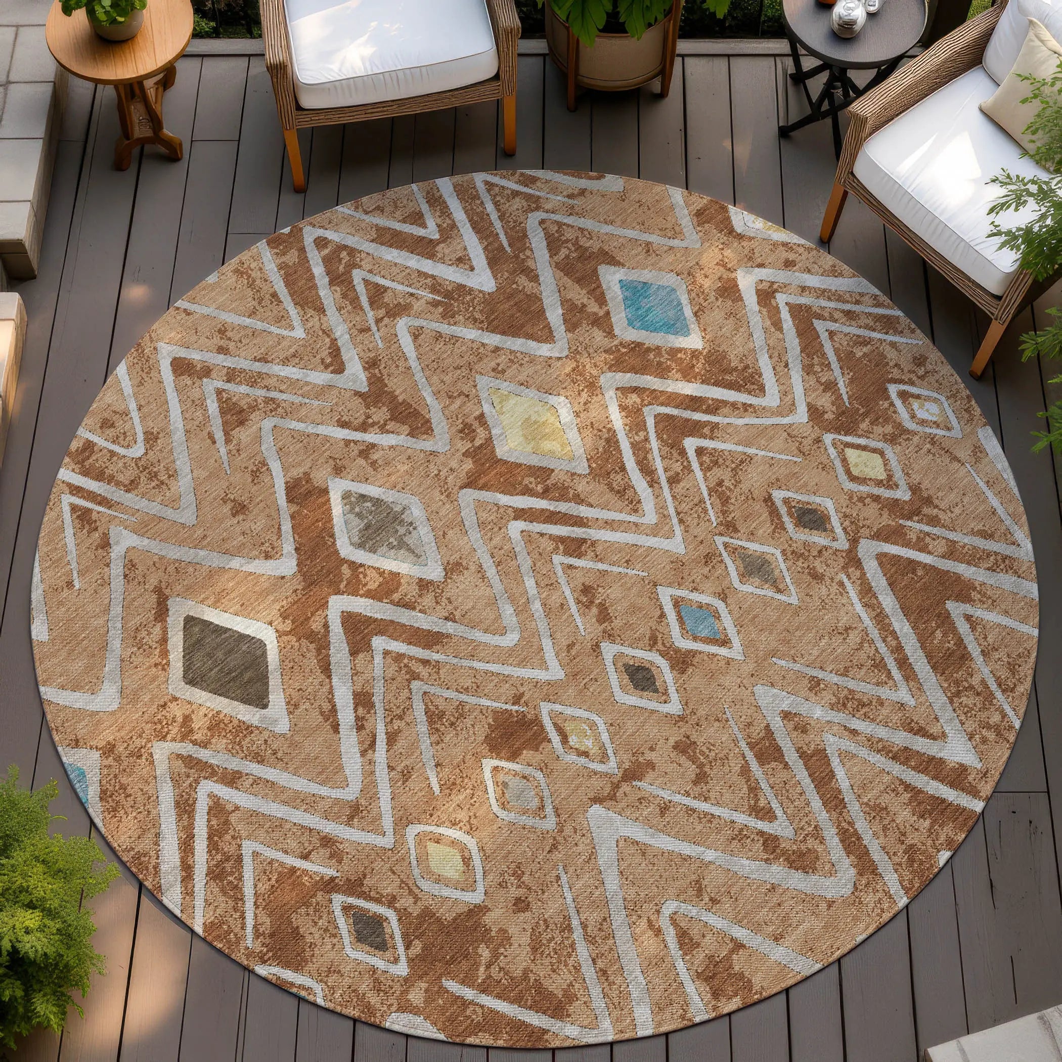 8' Copper And Taupe Round Geometric Washable Indoor Outdoor Area Rug Homeroots Outdoor