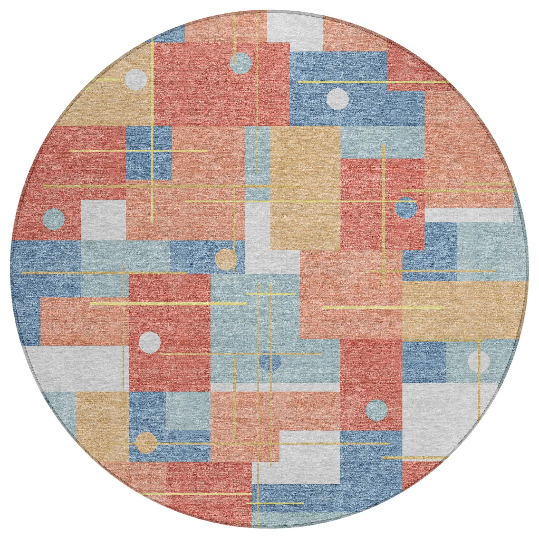 8' Coral And Brown Round Geometric Washable Indoor Outdoor Area Rug Homeroots Outdoor