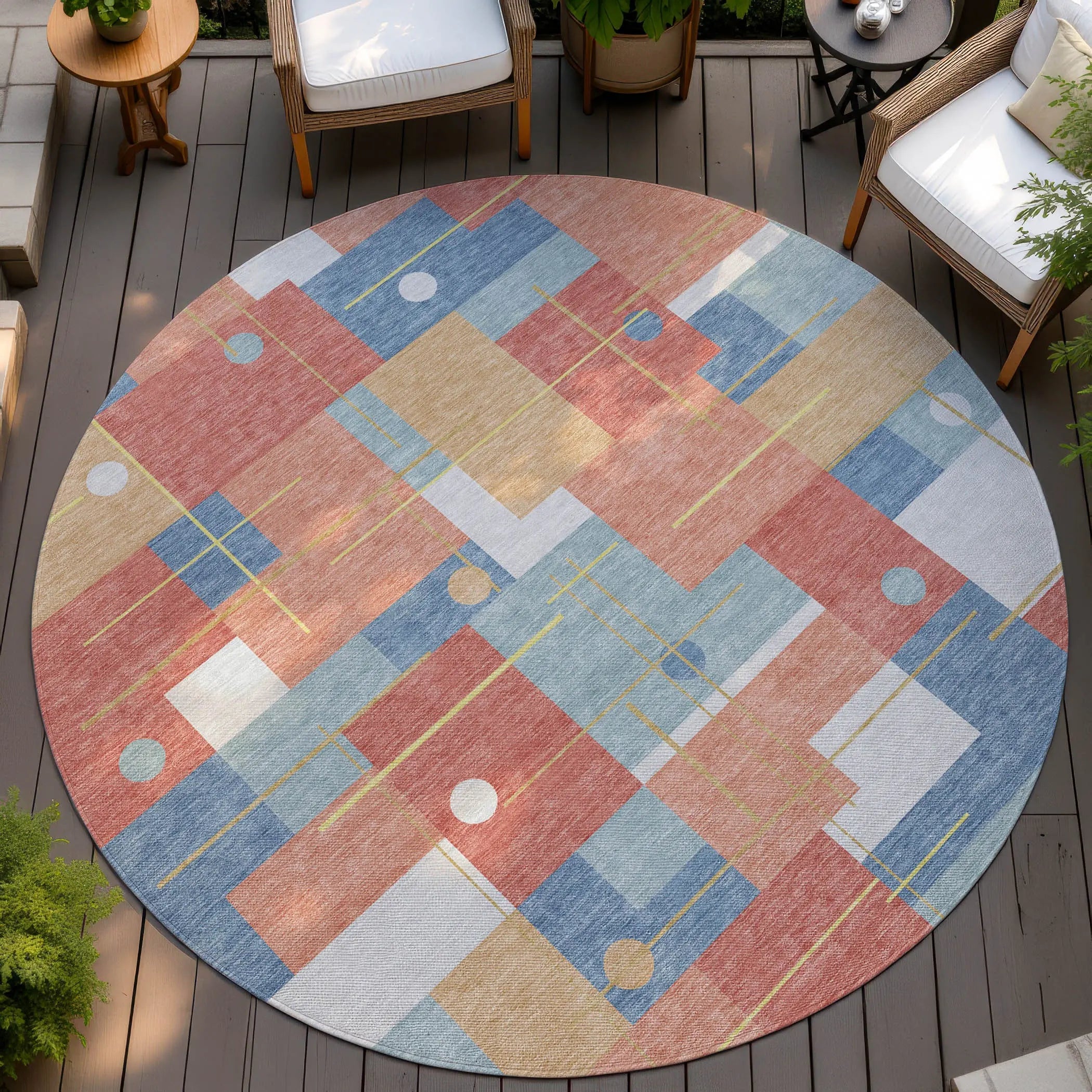 8' Coral And Brown Round Geometric Washable Indoor Outdoor Area Rug Homeroots Outdoor