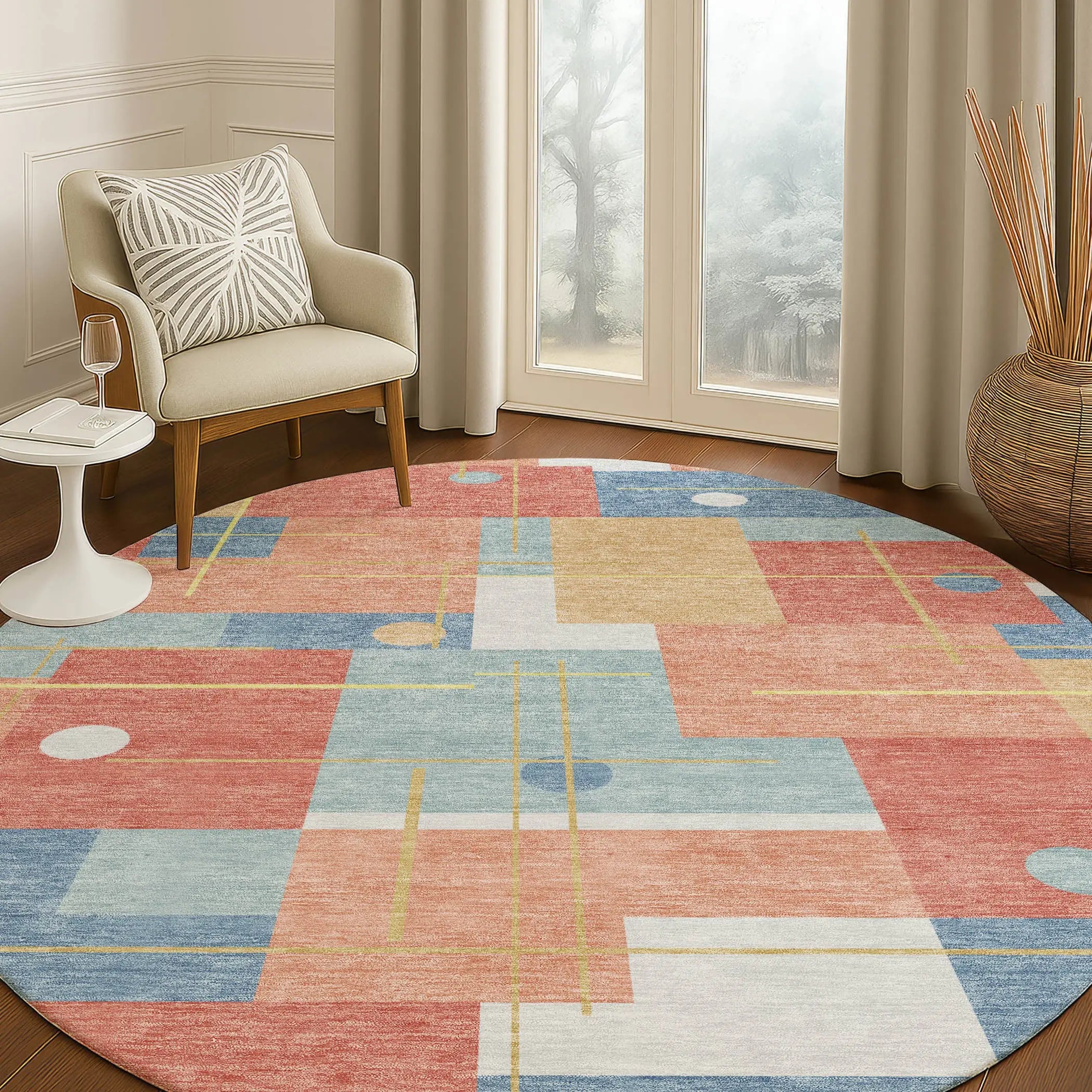 8' Coral And Brown Round Geometric Washable Indoor Outdoor Area Rug Homeroots Outdoor