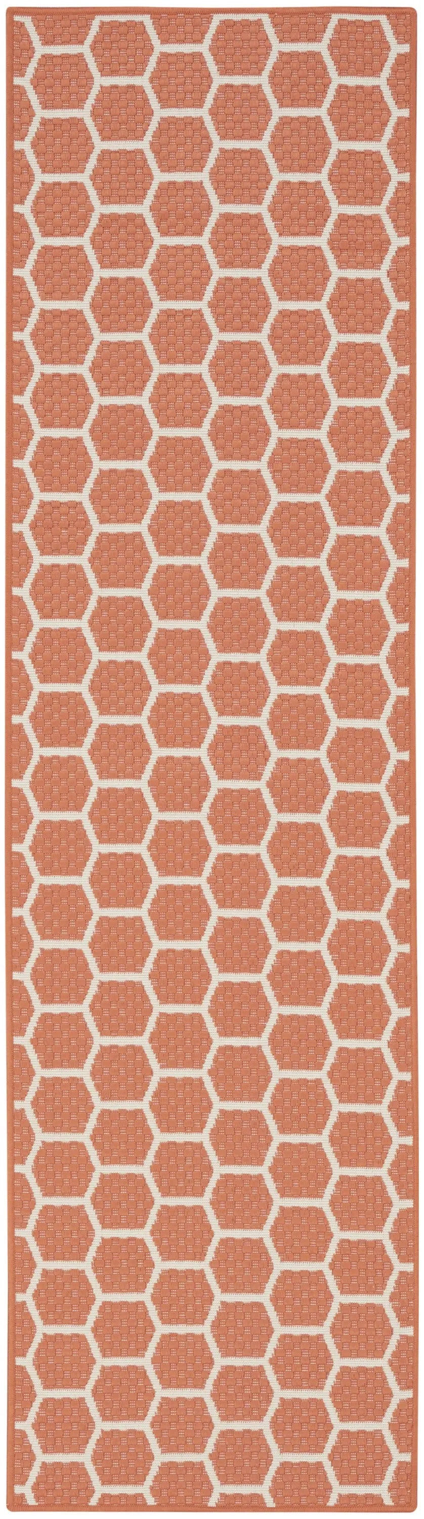 8' Coral And Ivory Geometric Indoor Outdoor Runner Rug Homeroots Outdoor