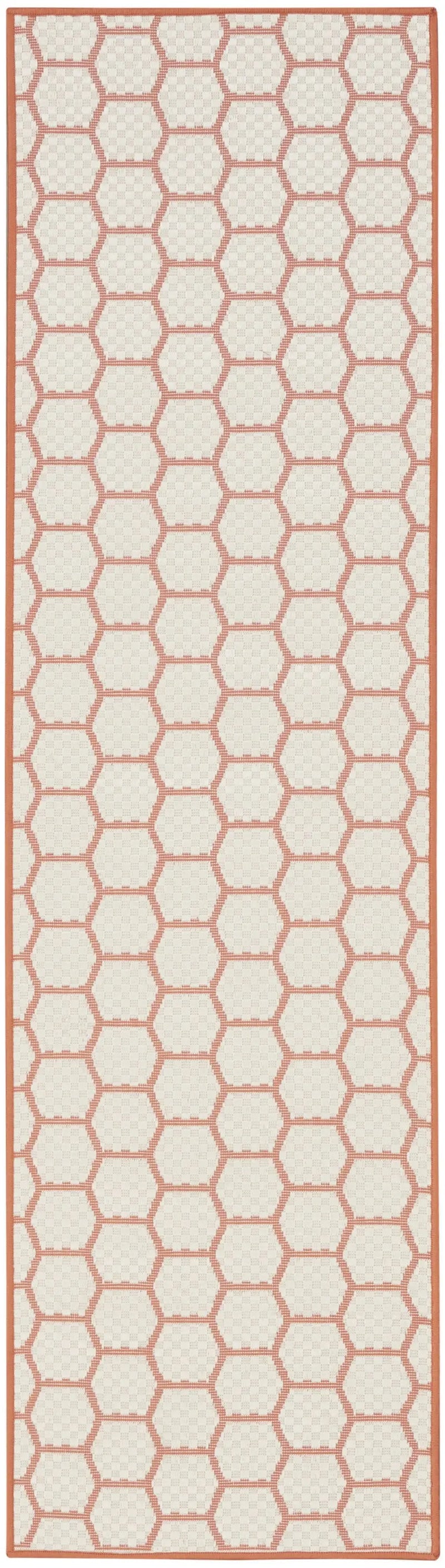 8' Coral And Ivory Geometric Indoor Outdoor Runner Rug Homeroots Outdoor
