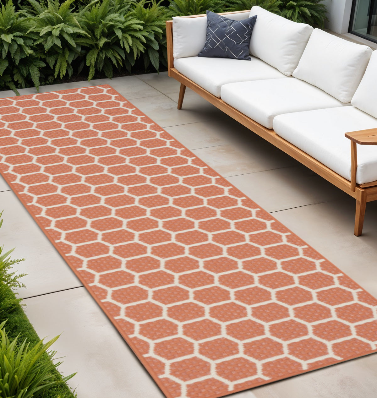 8' Coral And Ivory Geometric Indoor Outdoor Runner Rug Homeroots Outdoor