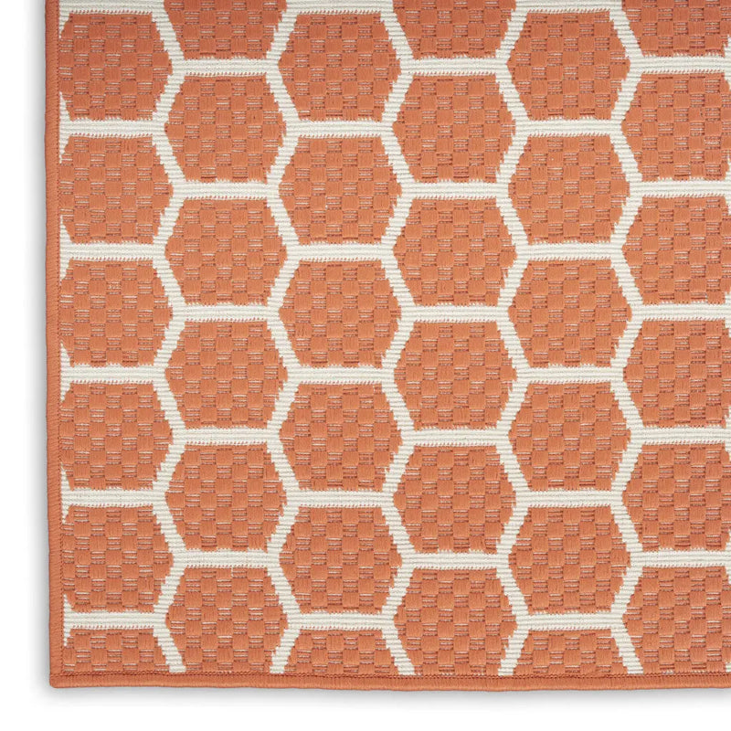8' Coral And Ivory Geometric Indoor Outdoor Runner Rug Homeroots Outdoor