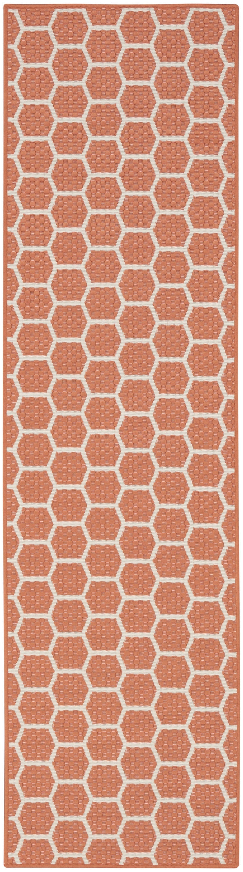 8' Coral And Ivory Geometric Indoor Outdoor Runner Rug Homeroots Outdoor