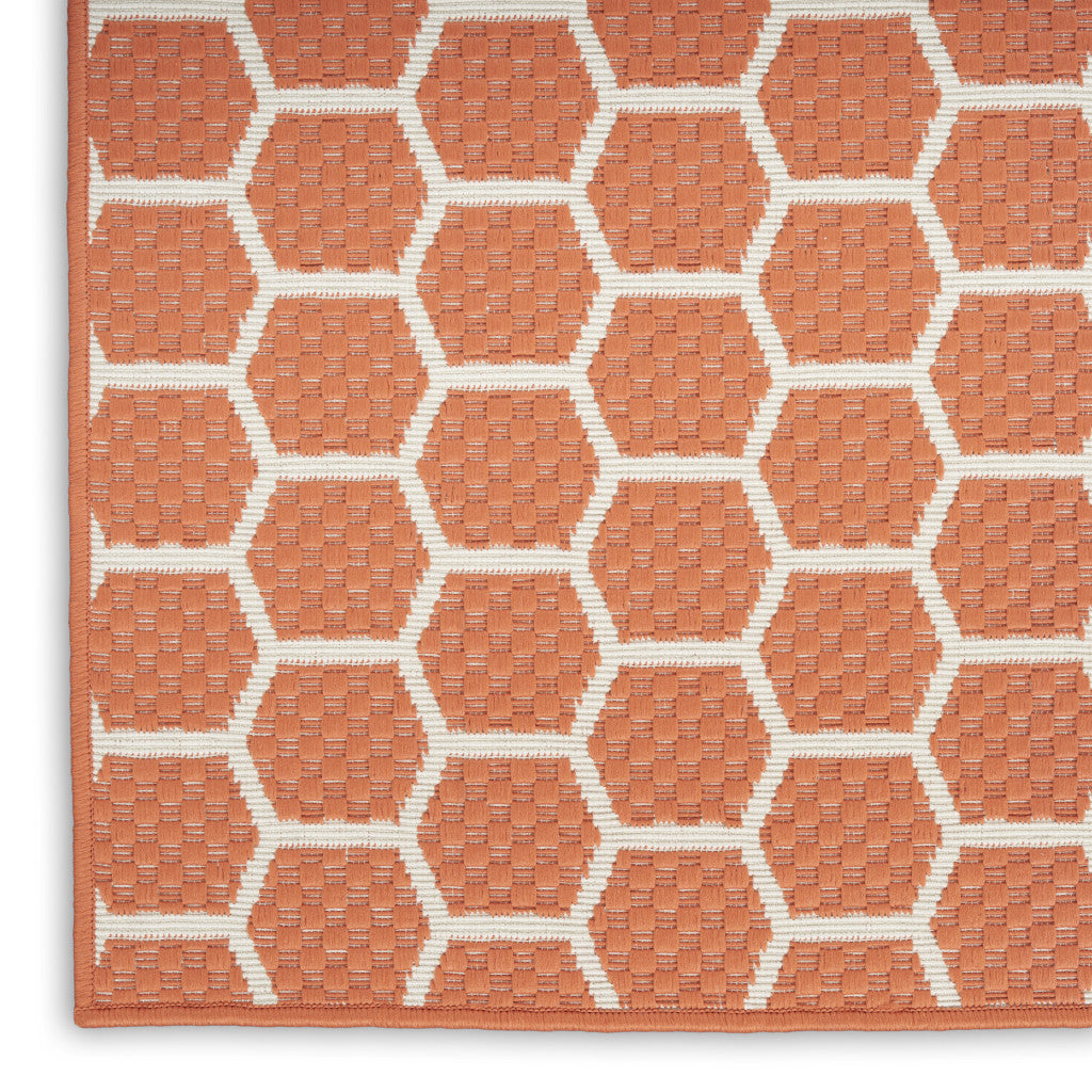 8' Coral And Ivory Geometric Indoor Outdoor Runner Rug Homeroots Outdoor