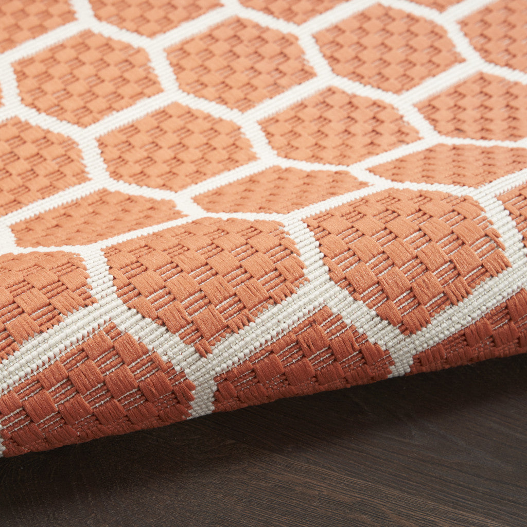 8' Coral And Ivory Geometric Indoor Outdoor Runner Rug Homeroots Outdoor